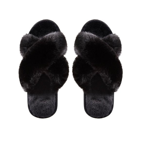 MeMoi Other - NWOT MeMoi Beverly Cozy Black Fur Criss Cross Open Toe Memory Foam Plush Slipper